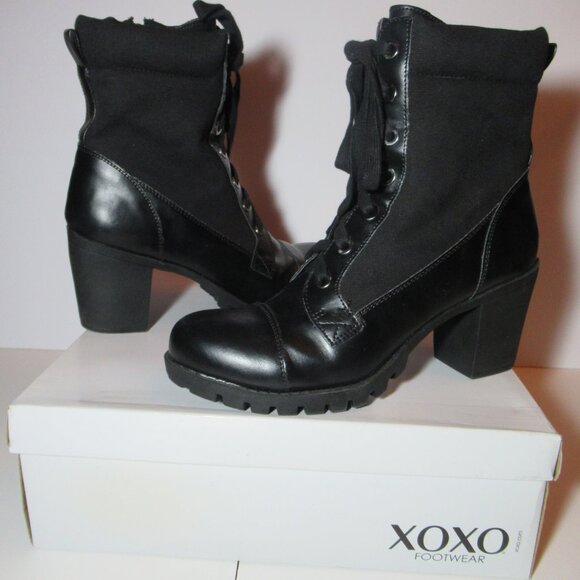 XOXO Black Lace-Up Ankle Boots Size 9 Worn Once Combat Pleather & Fabric Claudia - Picture 8 of 15